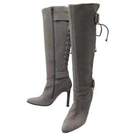 Manolo Blahnik-NEW SHOES BOOTS MANOLO BLAHNIK LACES CORSAGE 38.5 GRAY SUEDE BOOTS-Grey
