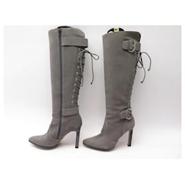 Manolo Blahnik-NEW SHOES BOOTS MANOLO BLAHNIK LACES CORSAGE 38.5 GRAY SUEDE BOOTS-Grey