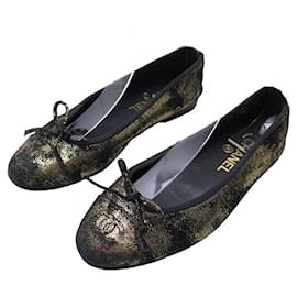 Chanel-CHAUSSURES CHANEL BALLERINES LOGO CC G02819 37.5 TOILE NOIRE ET DORE SHOES-Autre