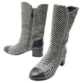 Chanel-CHANEL BOOTS G31207 36.5 TWEED BLACK LEATHER LOGO HIGH BOOTS SHOES-Other