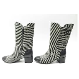 Chanel-CHAUSSURES CHANEL BOTTES G31207 36.5 TWEED CUIR NOIR LOGO HIGH BOOTS SHOES-Autre