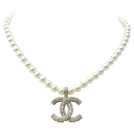 Chanel-NEUF COLLIER CHANEL LOGO CC & PERLES METAL 35/45 NEW STRASS PEARL NECKLACE-Doré