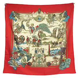 Hermès-FOULARD HERMES AU FIL DE LA SOIE FAIVRE CARRE 90 EN SOIE ROUGE SILK SCARF-Rouge