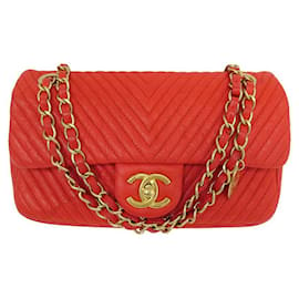 Chanel-NEW CHANEL TIMELESS SIMPLE FLAP HANDBAG CHEVRON LEATHER CROSSBODY BAG-Red