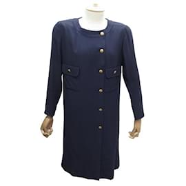 Chanel-VINTAGE CHANEL SET LONG JACKET WITH CC LOGO BUTTONS TROUSERS 38 M PANTS-Navy blue