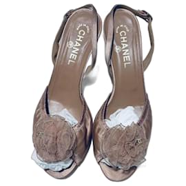 Chanel-Sapatos Slingback Camélias Cetim-Rosa