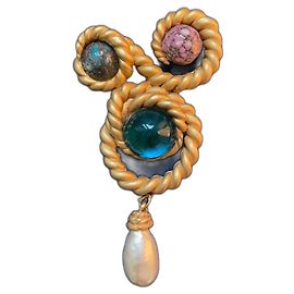 Autre Marque Gedrehte Brosche mit Cabochons und Perlen Weiß Gold hardware