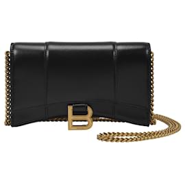 Balenciaga-Hourglass Wallet on Chain in Black Shiny Leather-Black