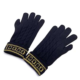 Gucci-Black Wool and Leather Unisex Logo Knit Gloves Size M-Black