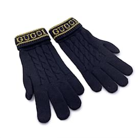 Gucci-Guanti in maglia con logo unisex in lana nera e pelle Taglia M-Nero