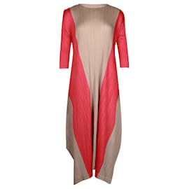 Pleats Please-Beige and Red Long Sleeved Pleated Dress-Flesh