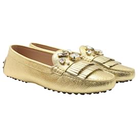 Tod's-Gold Leather Driving Loafers with Crystal Embellishment-Golden,Metallic