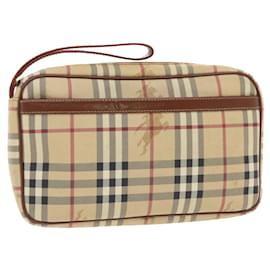 Burberry-BURBERRY Nova Check Clutch Bag PVC Leather Beige Brown Auth 50436-Brown,Beige