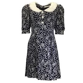 Alessandra Rich-Alessandra Rich Navy Blue / White Lace Trimmed Pearl Buttoned Floral Printed Silk Mini Dress-Blue