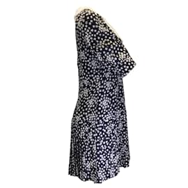 Alessandra Rich-Alessandra Rich Bleu Marine / Mini-robe en soie imprimée florale boutonnée de perles et bordée de dentelle blanche-Bleu