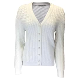 Alessandra Rich-Alessandra Rich White Pearl Buttoned Cable Knit Cardigan Sweater-White