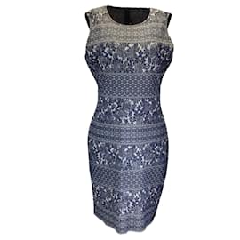 Autre Marque-St. John Navy Blue / Grey Sleeveless Jacquard Knit Midi Dress-Blue