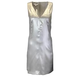 Autre Marque-Narciso Rodriguez Silver Metallic Sleeveless Silk Satin Dress in Mercury-Silvery