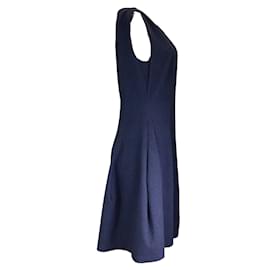 Autre Marque-Talbot Runhof Navy Blue Sleeveless V-Neck Textured Midi Dress-Blue