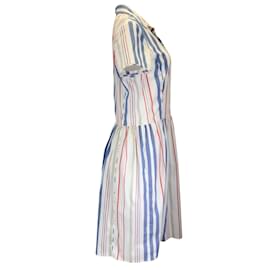 Oscar de la Renta-Oscar de la Renta Blue / White / Red Striped Short Sleeved Button-down Cotton Shirt Dress-Multiple colors