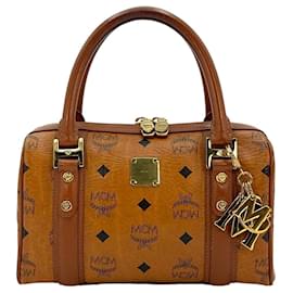 MCM-MCM handbag Boston Bag Small Cognac bag handle bag logo print + pendant-Cognac
