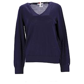 Tommy Hilfiger-Tommy Hilfiger Suéter feminino essencial de lã com decote em V em lã azul marinho-Azul marinho