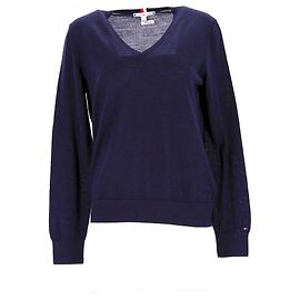 Tommy Hilfiger Essential Damen-Wollpullover mit V-Ausschnitt aus marineblauer Wolle Marineblau