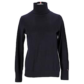 Tommy Hilfiger-Tommy Hilfiger Womens Roll Neck Signature Tape Jumper in Navy Blue Wool-Navy blue