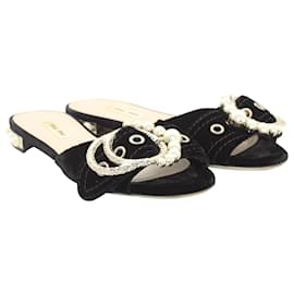Miu Miu-Miu Miu Pearl Embellished Buckle Flat Sandals in Black Velvet-Black