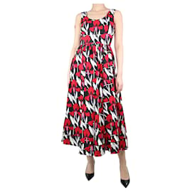 Prada-Red sleeveless floral-printed midi dress - size UK 8-Red