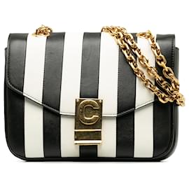 Céline-Celine Black Small C Striped Leather Bag-Black,White