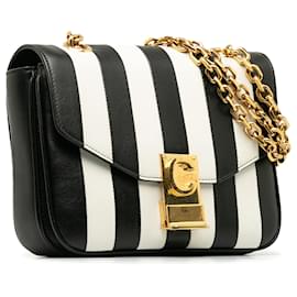 Céline-Celine Black Small C Striped Leather Bag-Black,White