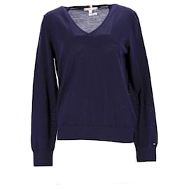 Tommy Hilfiger-Tommy Hilfiger Essential Damen-Wollpullover mit V-Ausschnitt aus marineblauer Wolle-Marineblau