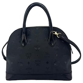 MCM-MCM Vintage Nylon Leather Handbag Bag Shoulder Bag Black Logo Print-Black