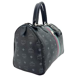 MCM-MCM handbag Boston Bag 30 Visetos bag handle bag black + bone pendant-Black