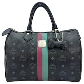 MCM-MCM handbag Boston Bag 30 Visetos bag handle bag black + bone pendant-Black