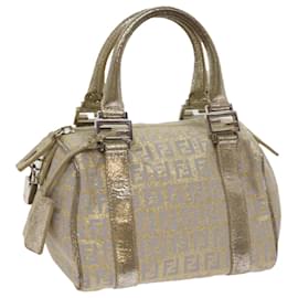 Fendi-FENDI Zucchino Canvas Hand Bag Gold Silver Auth 64797-Silvery,Golden