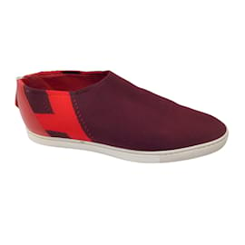 Hermès-Hermes Burgundy / Red Leather Trimmed Knit Sneakers-Dark red