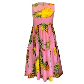 Dolce & Gabbana-Dolce & Gabbana Pink Multi Pineapple Printed Sleeveless Cotton Dress-Pink