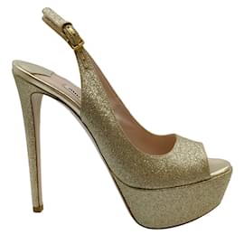 Miu Miu-Miu Miu Gold Glitter Platform Peep Toe Sandals-Golden