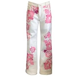 Etro-Etro White / pink 2021 Paisley Printed Five Pocket Cotton Stretch Denim Bootcut Jeans-White