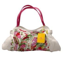 Etro-Etro Blanco / Bolso de hombro de lona con bordado floral multicolor rosa-Multicolor