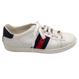 Gucci-Gucci White / Red / Navy Blue Web Stripe Leather Ace Sneakers-White