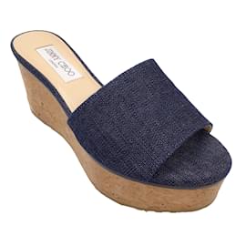 Jimmy Choo-Jimmy Choo Blue Dark Denim Platform Cork Wedge Sandals-Blue