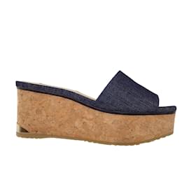 Jimmy Choo-Jimmy Choo Blue Dark Denim Platform Cork Wedge Sandals-Blue
