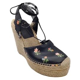 Saint Laurent-Saint Laurent Chaussures Espadrilles Compensées En Cuir Imprimé Multi Floral Noir-Noir