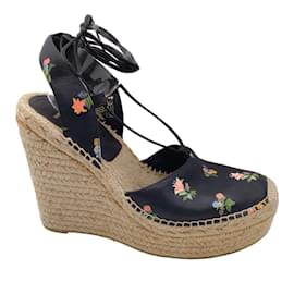 Saint Laurent-Zapatos de cuña alpargatas de cuero con estampado floral multicolor en negro de Saint Laurent-Negro