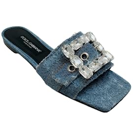 Dolce & Gabbana-Dolce & Gabbana Ciabatta Jeans-Patchwork-Slides mit Kristallschnalle-Blau
