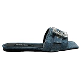 Dolce & Gabbana-Dolce & Gabbana Ciabatta Denim Patchwork Slides with Crystal Buckle-Blue