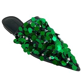 Loewe-Loewe Emerald Green Sequined Pointed Toe Mules-Green